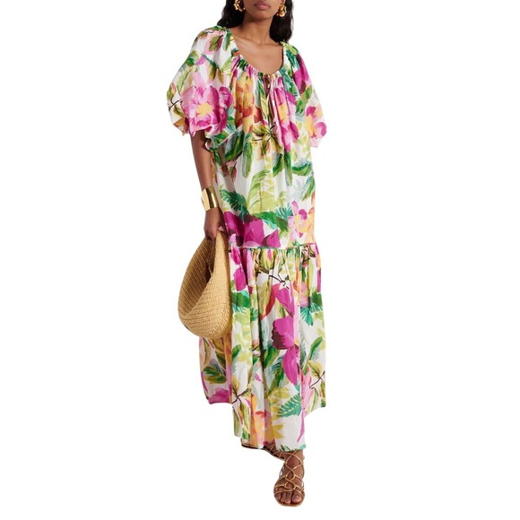 FARM Rio Women's Maxi Dress Floral Painted Puff Sleeve Bohemian White Pink Large - Picture 1 of 9